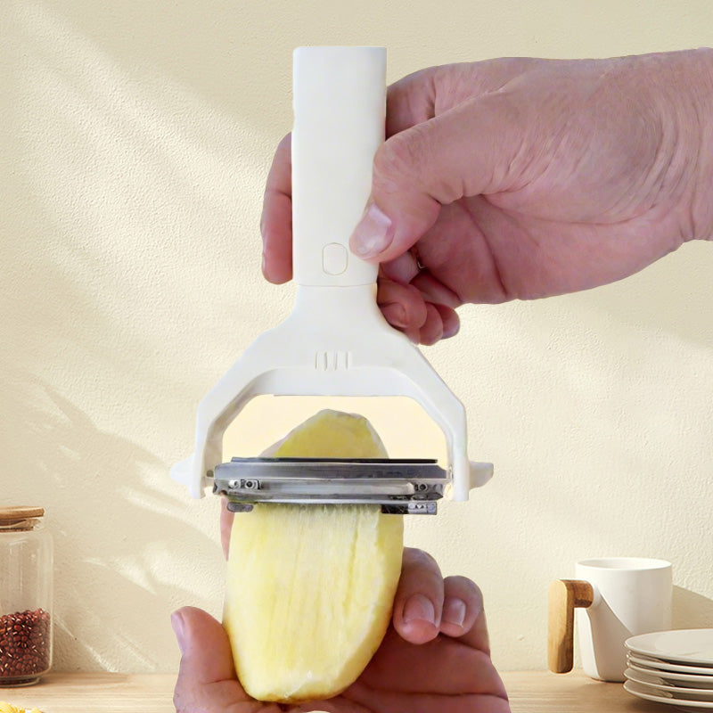 Arenzza 2-in-1 dual-head peeler and shredder kitchen tool showing stainless steel blades for peeling and shredding vegetables.