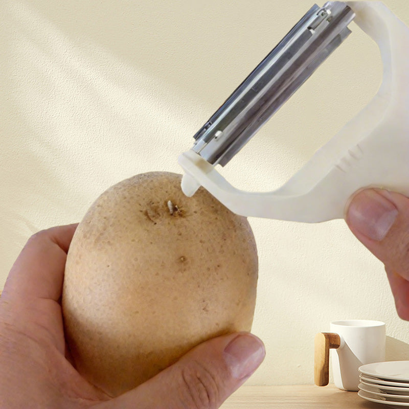 Arenzza 2-in-1 dual-head peeler and shredder for kitchen use, with stainless steel blades and ergonomic handle, on a white background.