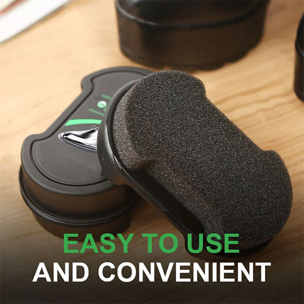 Arenzza portable multi-purpose shoe wax kit with shoe brush, showing a shine-enhanced black leather shoe ready for use.