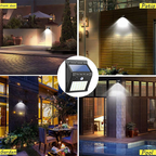 Arenzza solar-powered motion sensor wall light installed outdoors on a house wall, illuminating at night.