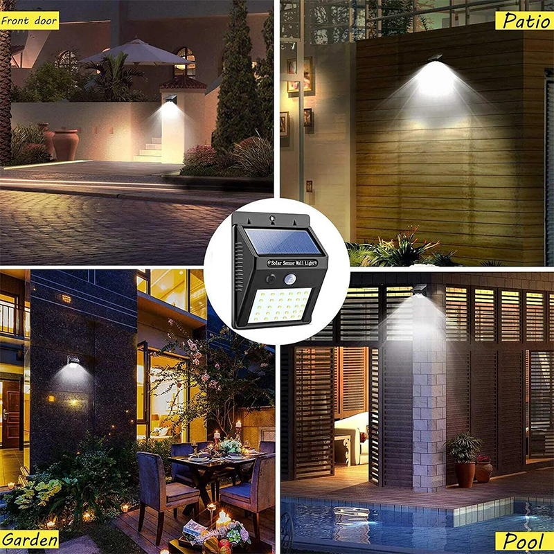 Arenzza solar-powered motion sensor wall light installed outdoors on a house wall, illuminating at night.