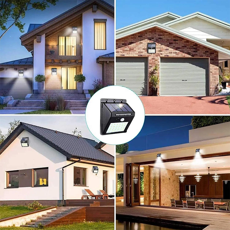 Aarenza solar powered motion sensor wall light mounted on a wall, illuminating outdoor space with bright LED light.