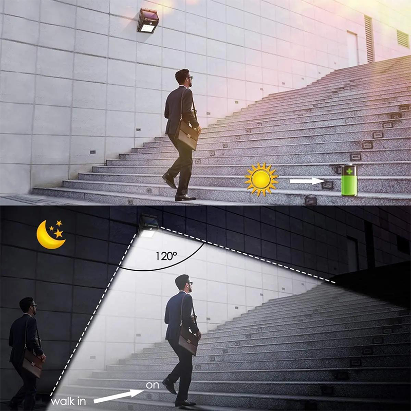 Arenzza solar powered motion sensor wall light mounted on a wall, showcasing its sleek design for outdoor houseware and kitchen use.