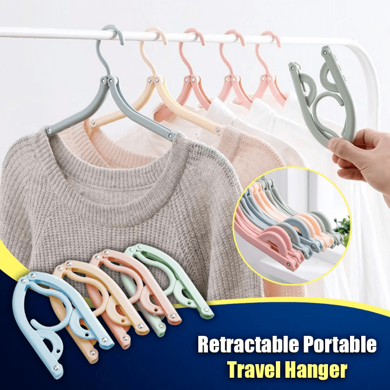 Arenzza foldable portable travel hanger, compact houseware and kitchen accessory, shown in a folded and unfolded position.