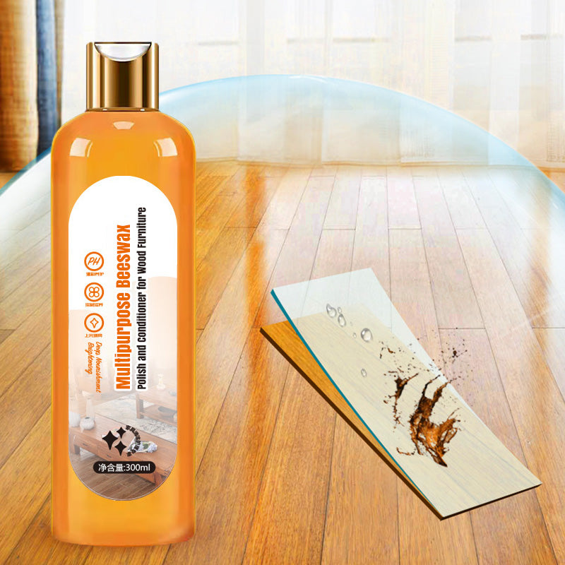 Arenzza multipurpose beeswax polish and conditioner for wood furniture, featuring a jar of beeswax and application cloth on a wooden surface.