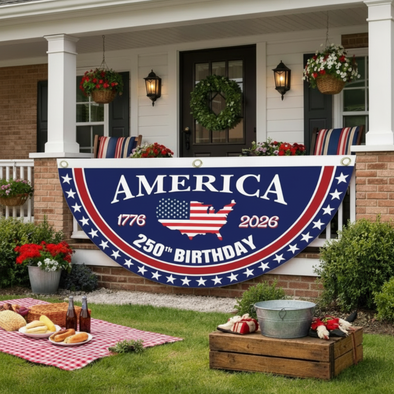 Arenzza USA anniversary fan flag featuring red, white, and blue stripes with stars, designed for houseware and kitchen display.