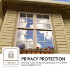 Arenzza privacy window film on a house window, showing one-way privacy, UV protection, and easy application for home privacy.