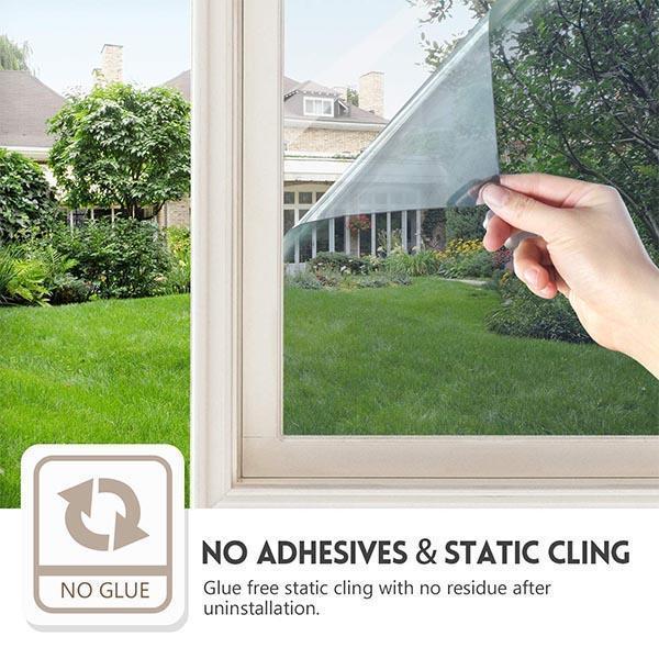 Arenzza privacy window film on a glass window showcasing one-way privacy, UV protection, and easy application for houseware and kitchen use.