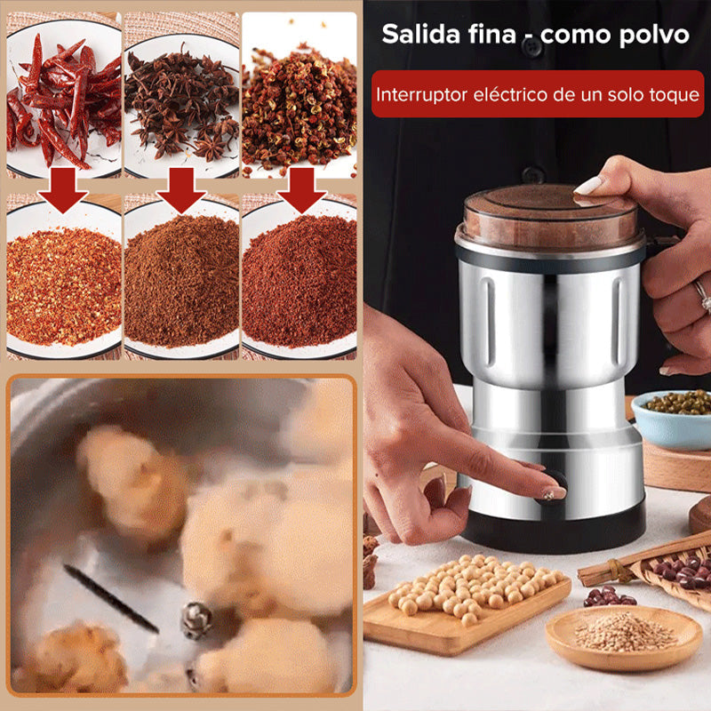 Arenzza multifunctional electric grinder with stainless steel lid for coffee, spices, and herbs, showcasing its sleek kitchen design.