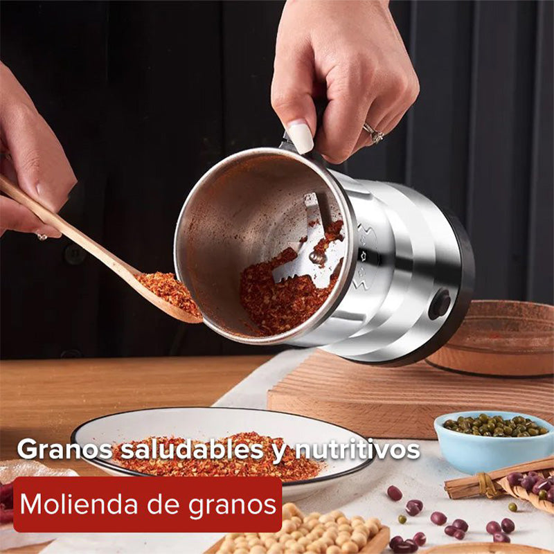 Arenzza multifunctional electric grinder for coffee, spices, and herbs with a sleek black design and stainless steel grinding chamber.