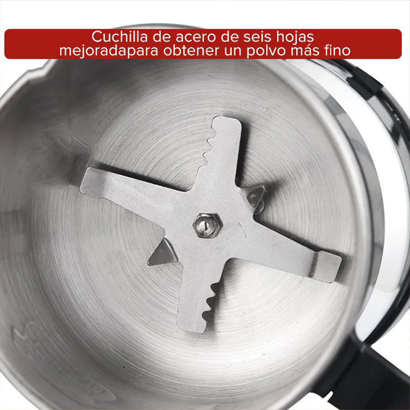 Arenzza electric grinder for coffee, spices, and herbs with a sleek black design, showing the grinding chamber and lid.