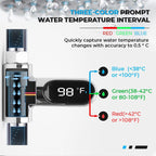 Arenzza Safe & Cozy Shower Thermometer showing digital display of water temperature in a bathroom setting.