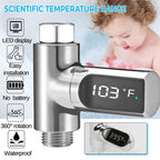 Arenzza Safe & Cozy Shower Thermometer displaying temperature readings on a sleek digital screen in a modern bathroom setting.