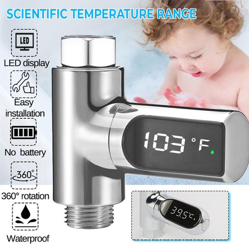 Arenzza Safe & Cozy Shower Thermometer displaying temperature readings on a sleek digital screen in a modern bathroom setting.