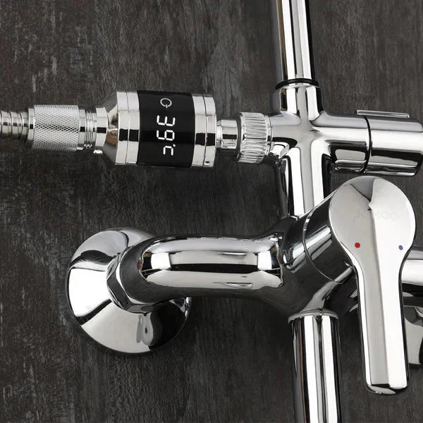 Arenzza Safe & Cozy Shower Thermometer showing temperature display in a bathroom setting, designed for safe, cozy showers.
