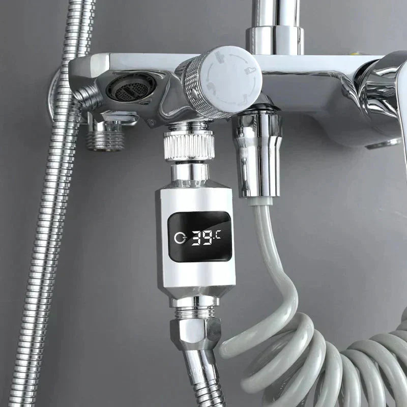 Arenzza Safe & Cozy Shower Thermometer showing digital display with temperature readings for safe shower water temperatures.
