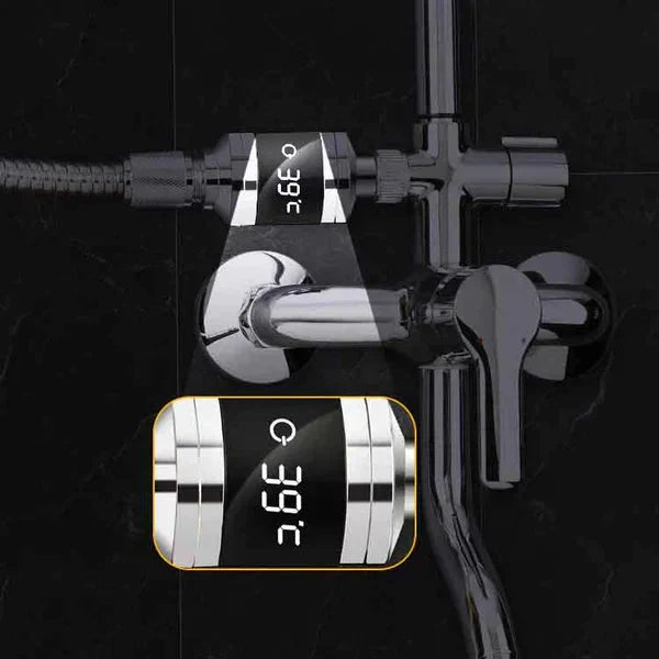 Arenzza Safe & Cozy Shower Thermometer displaying water temperature on a digital screen in a bathroom setting.