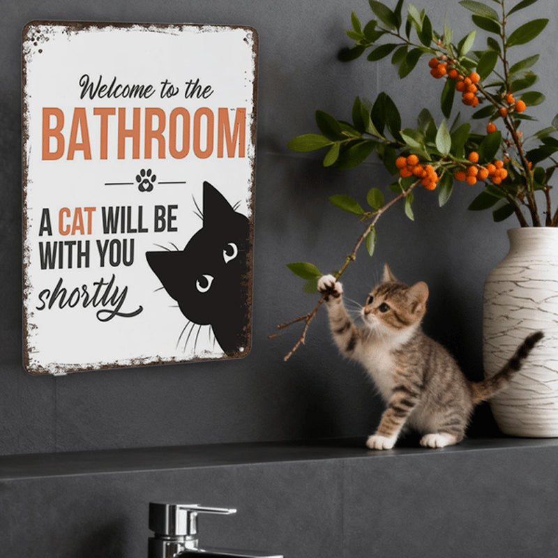 A cute cat-themed bathroom decor sign from Arenzza, featuring playful cat illustrations and stylish houseware design.