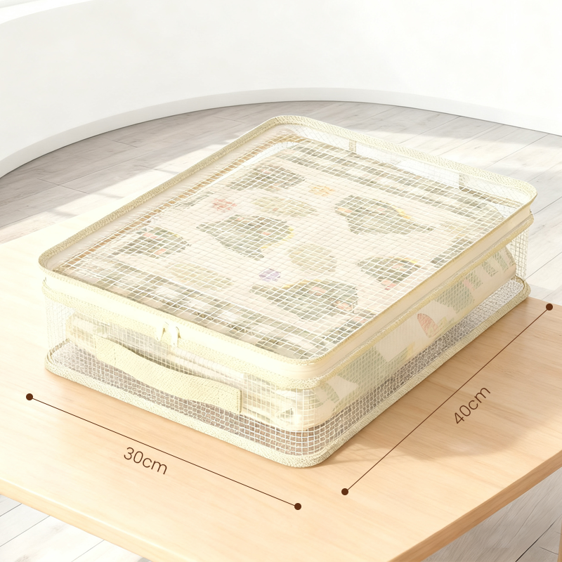 Arenzza see-through closet organizer storage bags for houseware and kitchen, transparent fabric with zipper closures.