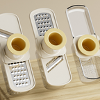 Arenzza 3-in-1 mandoline slicer with container for kitchen prep, featuring adjustable blades and a safety hand guard.