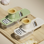Arenzza 3-in-1 mandoline slicer with container, stainless steel blades and adjustable thickness, ideal for kitchen food prep.