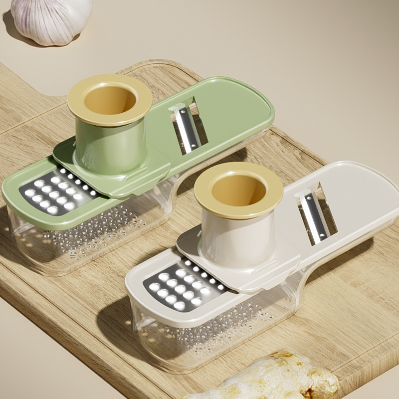 Arenzza 3-in-1 mandoline slicer with container, stainless steel blades and adjustable thickness, ideal for kitchen food prep.