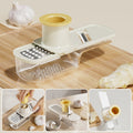 Arenzza 3-in-1 mandoline slicer with container, stainless steel blades, and adjustable settings for slicing vegetables in kitchen.