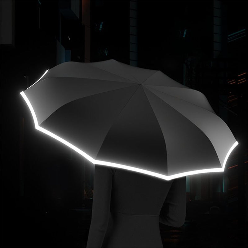 Arenzza reflective safety strip ring buckle umbrella with a black handle and reflective strip for visibility in low light conditions.
