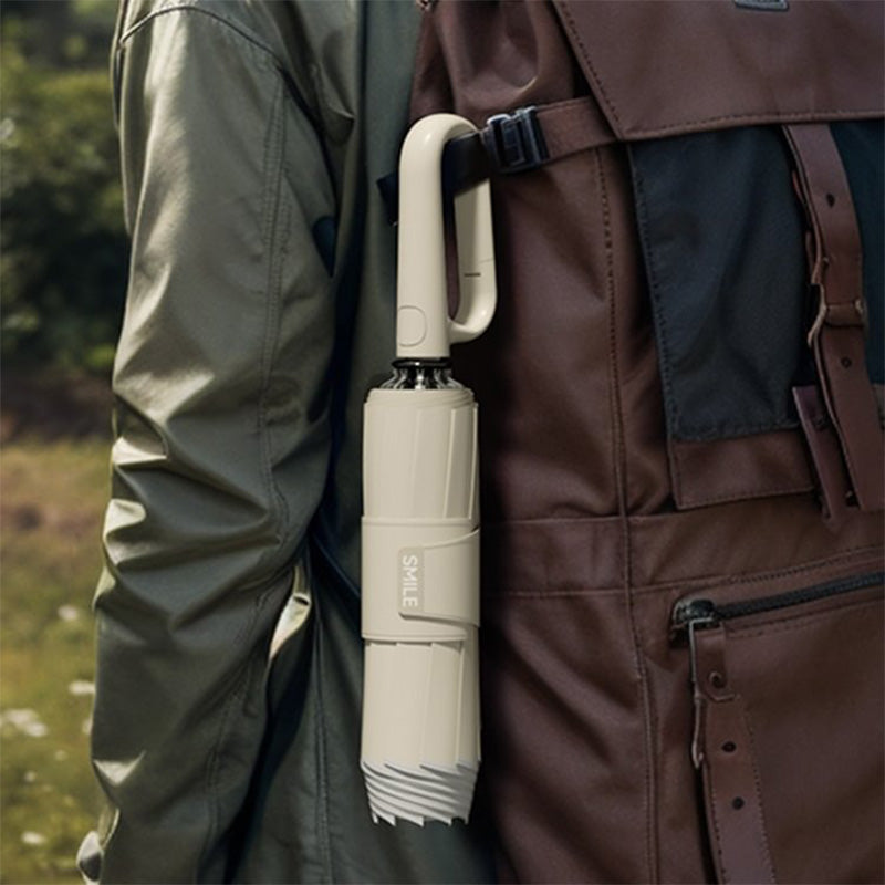 Arenzza reflective safety strip ring buckle umbrella with a black handle and reflective strip for visibility during rain.