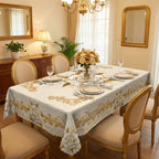 A waterproof gold rose tablecloth from Arenzza, featuring a luxurious floral design, suitable for home and kitchen use.
