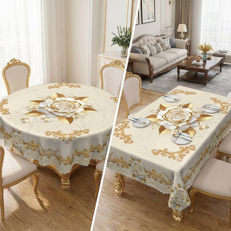 A gold rose waterproof tablecloth from Arenzza, featuring a floral design, spread over a dining table in a kitchen setting.