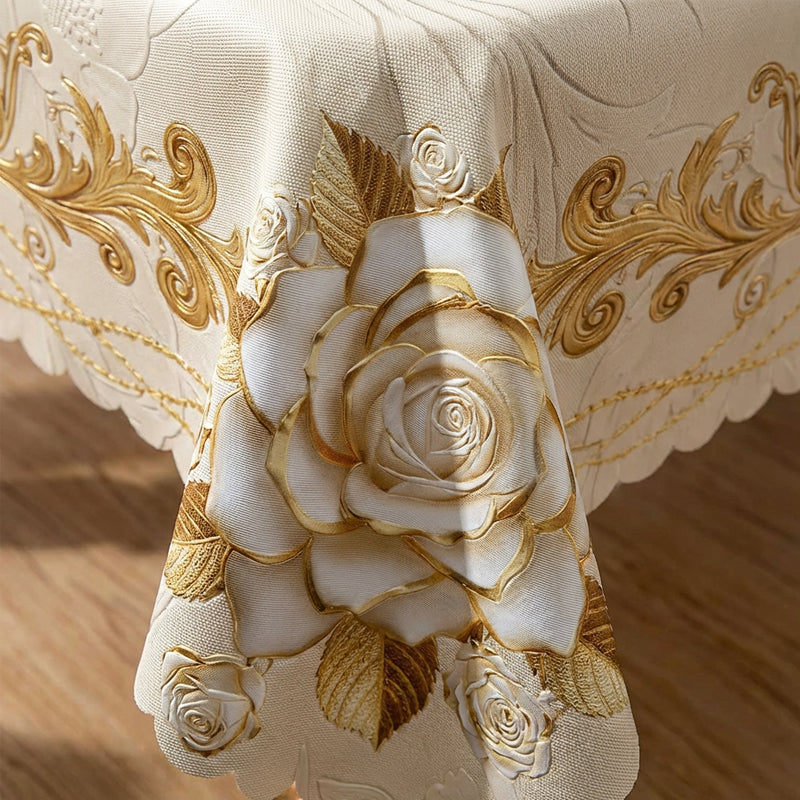 Waterproof gold rose tablecloth by Arenzza, featuring a floral design, suitable for houseware and kitchen use.