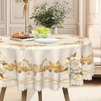 A waterproof gold rose tablecloth from Arenzza, featuring a floral pattern and elegant gold accents for kitchen and houseware use.
