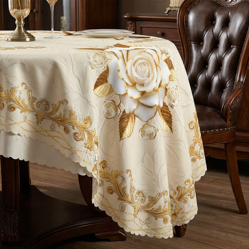A waterproof gold rose tablecloth from Arenzza, featuring a luxurious floral design suitable for kitchen and houseware use.