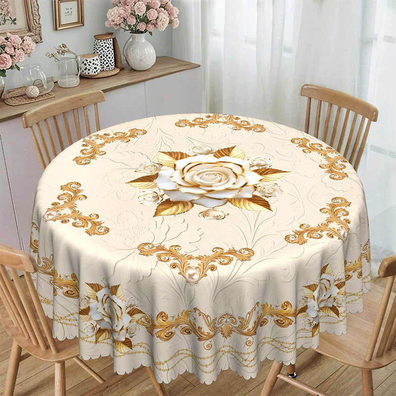 A waterproof gold rose tablecloth from Arenzza, featuring a floral pattern, spread on a dining table in a kitchen setting.