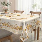 Aqua gold rose waterproof tablecloth by Arenzza, featuring a floral rose pattern, perfect for protecting kitchen or dining tables.