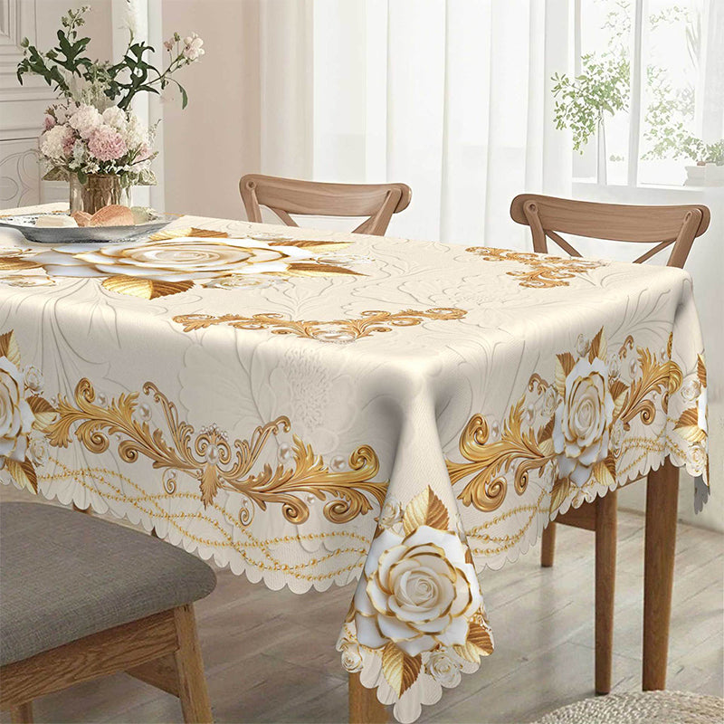 Aqua gold rose waterproof tablecloth by Arenzza, featuring a floral rose pattern, perfect for protecting kitchen or dining tables.