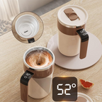 Arenzza 400ML smart self-stirring coffee mug with a sleek design, featuring a button for automatic mixing, in a kitchen setting.