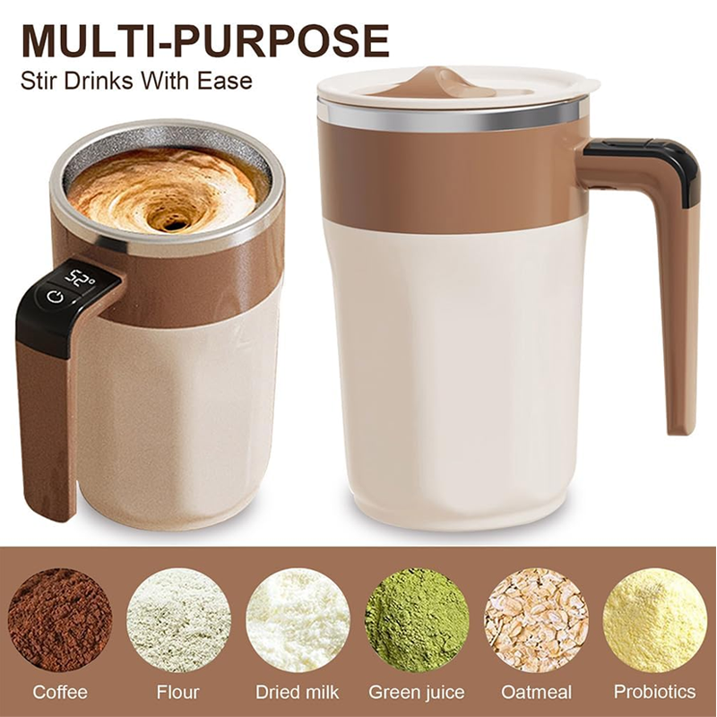 Arenzza 400ML smart self-stirring coffee mug with sleek design, featuring a button on the handle for automatic mixing of beverages.