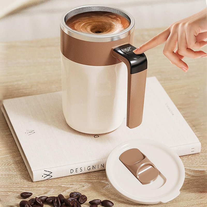 Arenzza 400ML smart self-stirring coffee mug in black with a sleek design, featuring a lid and a stirring mechanism inside.