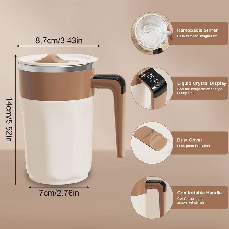 Arenzza 400ML smart self-stirring coffee mug with a sleek black design and automatic mixing feature in a kitchen setting.