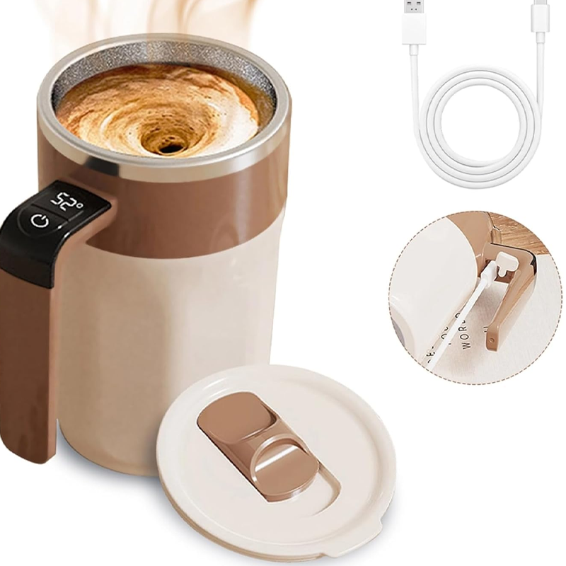 Arenzza 400ML smart self-stirring coffee mug with a sleek black design, featuring a built-in stirring mechanism for easy mixing.