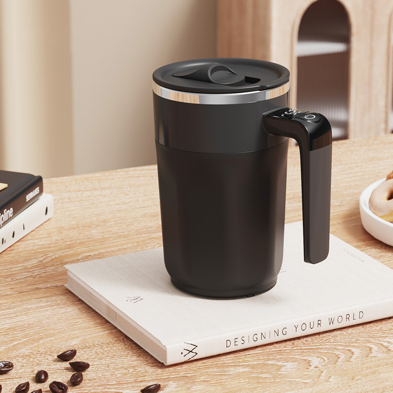 Arenzza 400ML smart self-stirring coffee mug with a sleek design, featuring a lid and digital control panel for easy mixing.