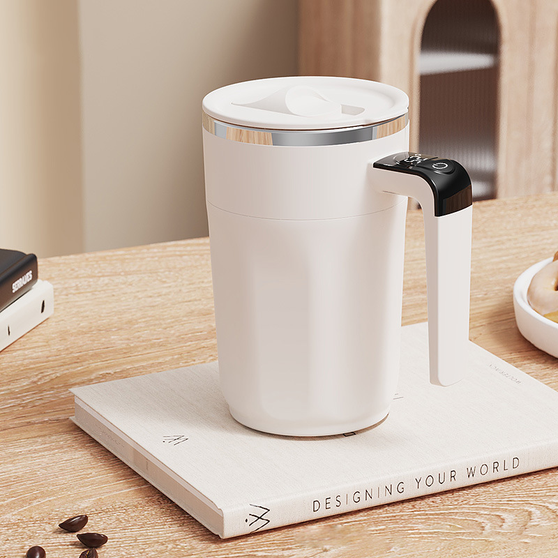 Arenzza 400ML smart self-stirring coffee mug with a sleek design, featuring a push-button and a transparent body showing coffee inside.