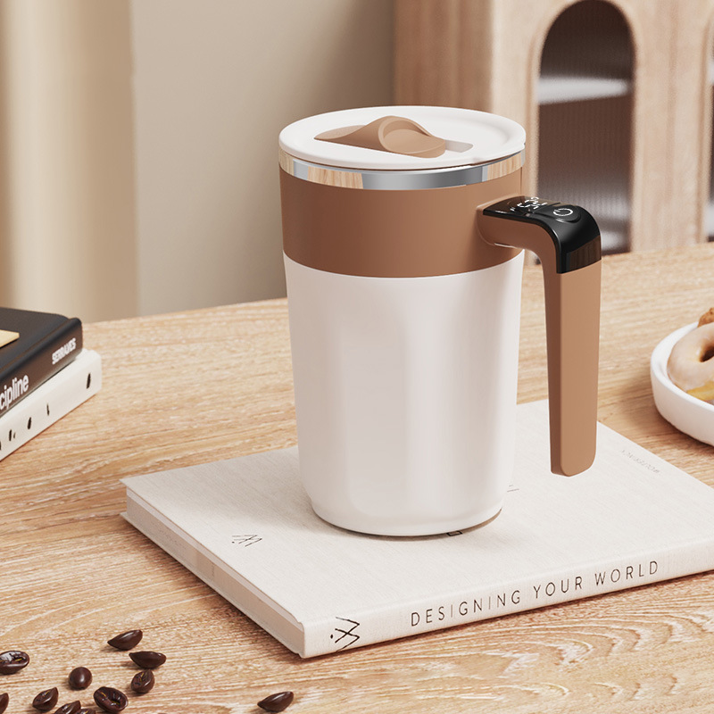 Arenzza 400ML smart self-stirring coffee mug in black with a sleek design, featuring a lid and button for automatic mixing.
