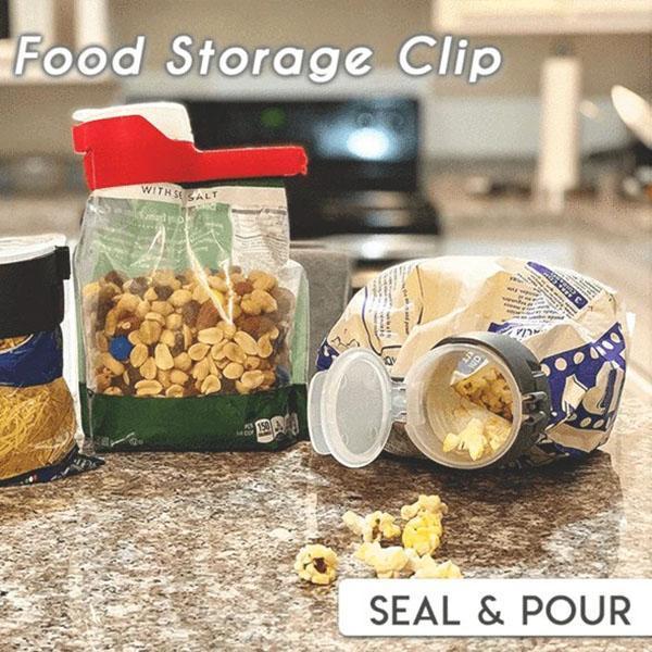 Arenzza food storage bag clip sealing and pouring tool in a kitchen setting, made of durable plastic for airtight sealing.