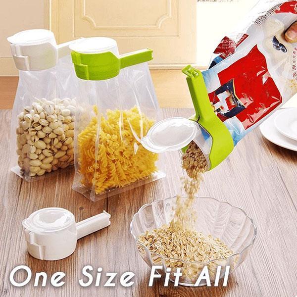 Arenzza Seal and Pour Food Storage Bag Clip holding a resealable plastic bag in a kitchen setting.