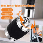 Arenzza 360-degree swivel splash-proof faucet aerator mounted on a kitchen faucet with water flowing, showcasing its design and functionality.