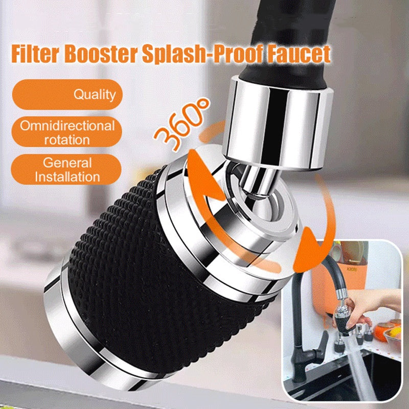 Arenzza 360-degree swivel splash-proof faucet aerator mounted on a kitchen faucet with water flowing, showcasing its design and functionality.