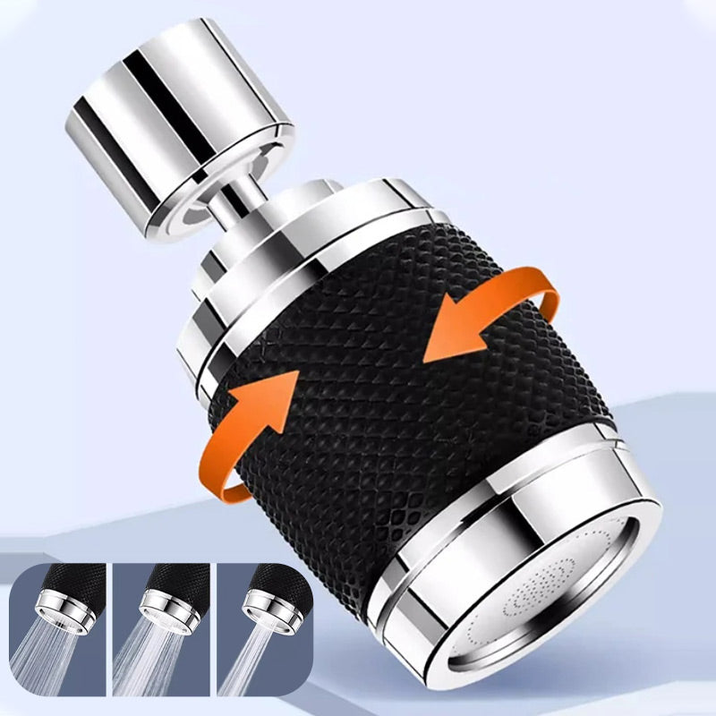 Arenzza 360-degree swivel splash-proof faucet aerator, kitchen houseware, showing the aerator attached to a kitchen faucet with water flowing.